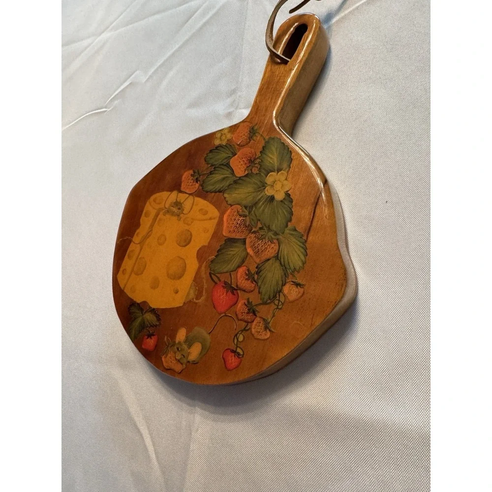 Vintage Thick Hand Carved & Painted Strawberries & Cheese Wood Cutting Board